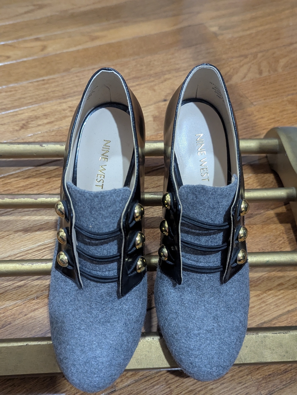 Nine West Gray Wool-Blend Button Lace-Up Flats with Gold Accents